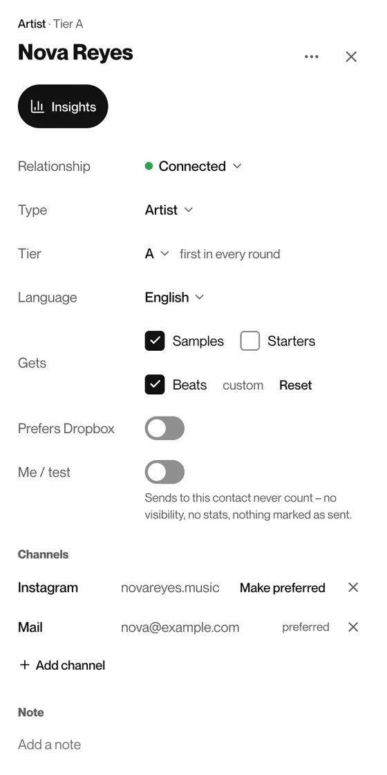 A contact in Sendouts with Instagram, email and preferences