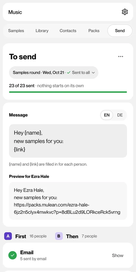 Sending a pack to each contact on their platform